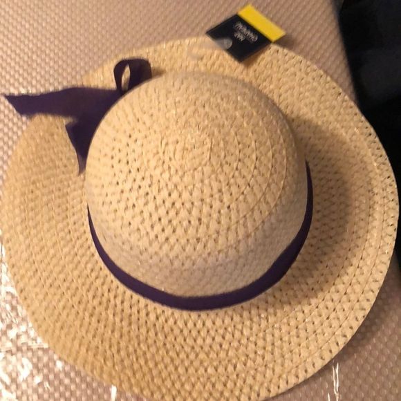 NWT TAN SUNHAT With a purple bow wrapped around it - Picture 3 of 3